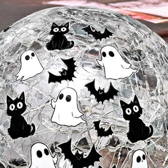 Crackle LED Glass Ball Lamp Halloween Ghost Bat Cat Cracked Ball Light with Warm Light for Halloween Walkway Path Garden Tabletop Decor