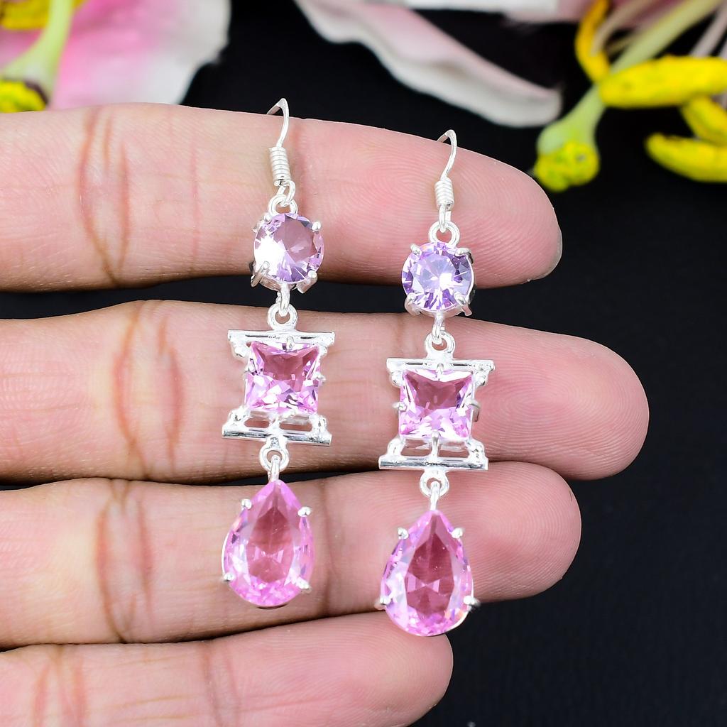 Pink Kunzite Gemstone Handmade 925 Sterling Silver Jewelry Earring 2.96" KG-433