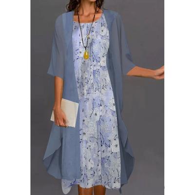 Spring Summer Leisure Women's Dress Elegant Round Neck Lace Chiffon Irregular Cardigan Dress Set
