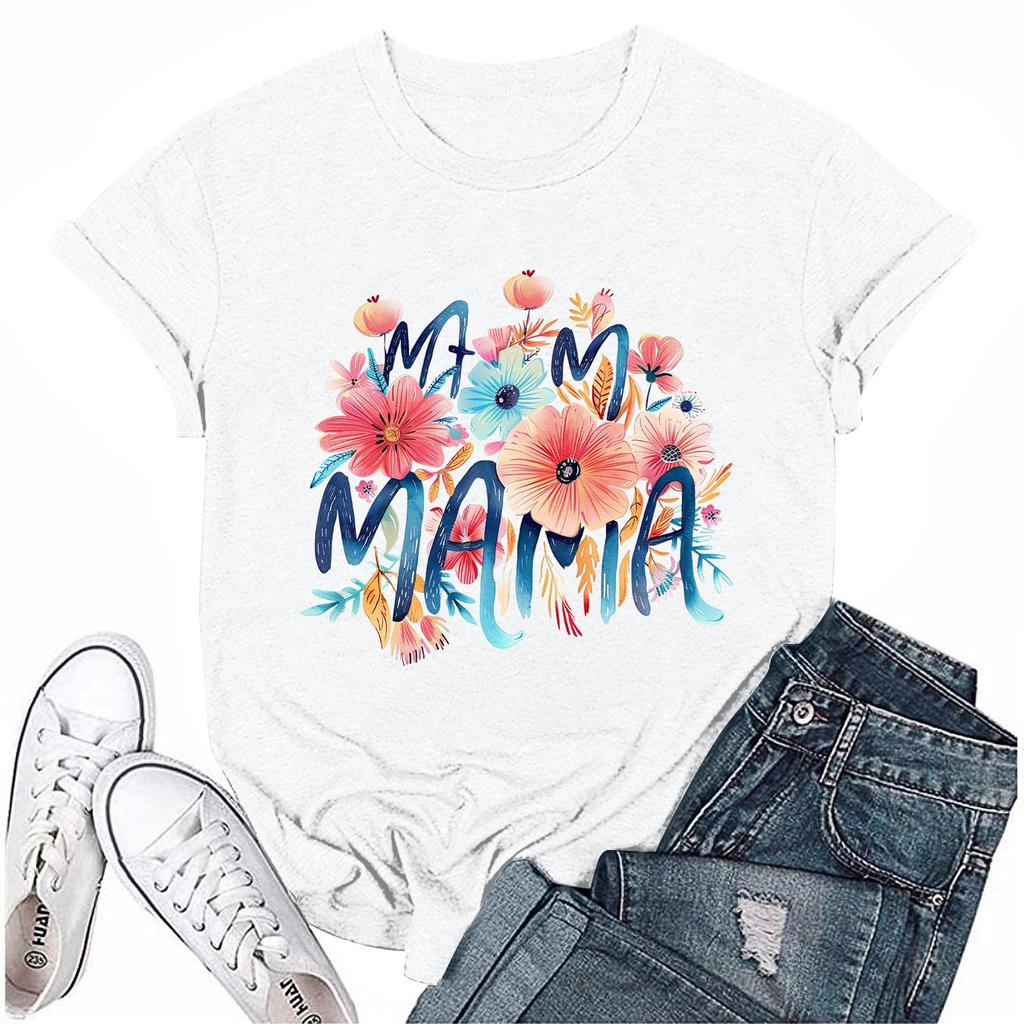 Damen Top Rundhals Lässig Bedrucktes Kurzarm T-Shirt Top