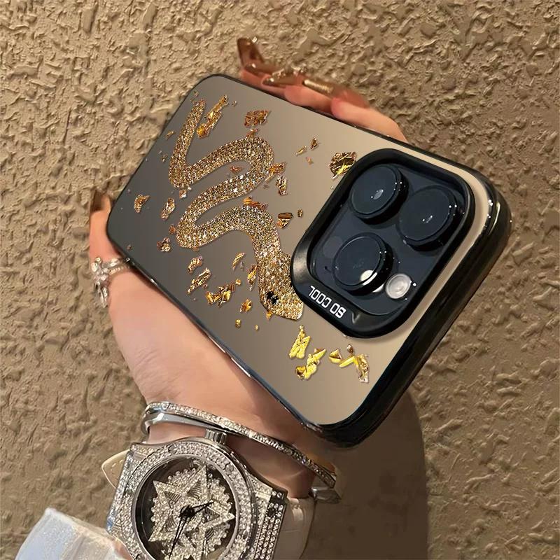 Glitter Golden Snake Phone Case, Matte Shockproof Trendy Protective Cover for iPhone