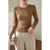 Women High Elastic Ribbed Crew Neck Long Sleeve Slim Fit Base T Shirt Top