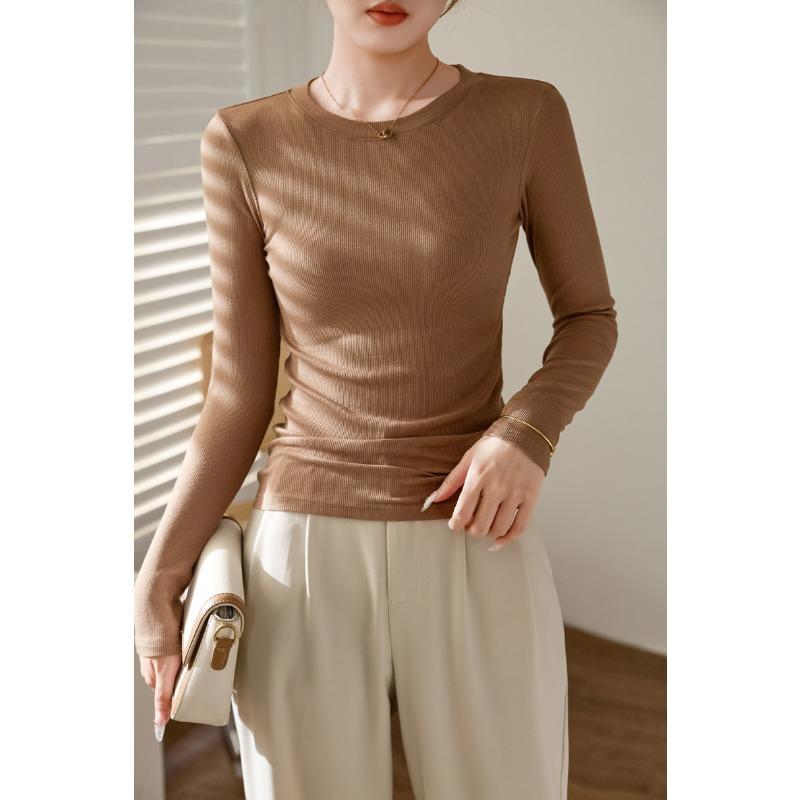 Women High Elastic Ribbed Crew Neck Long Sleeve Slim Fit Base T Shirt Top