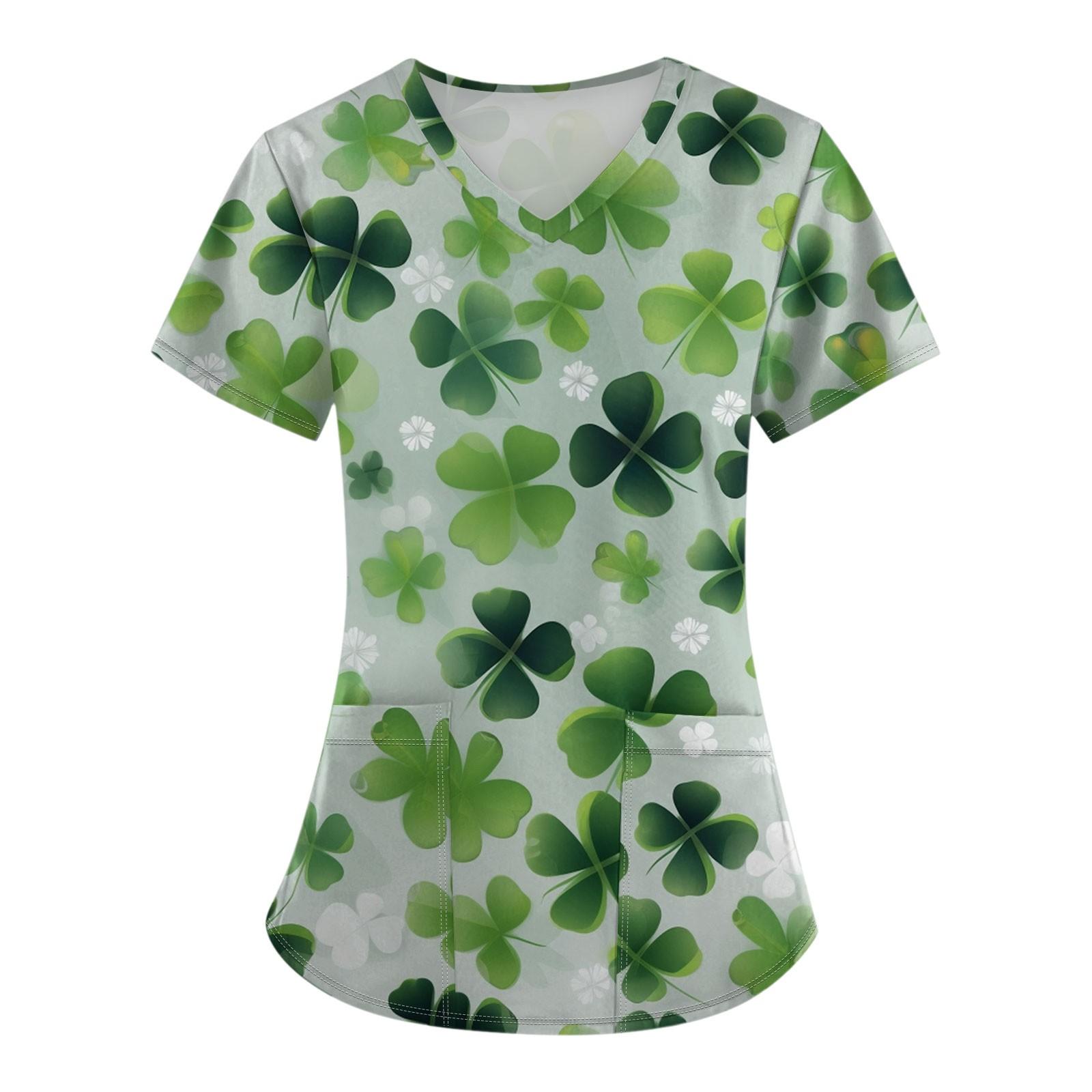 

Женский короткий рукав St. Рабочий топ с V-образным вырезом и карманом ко Дню Святого Патрика XL