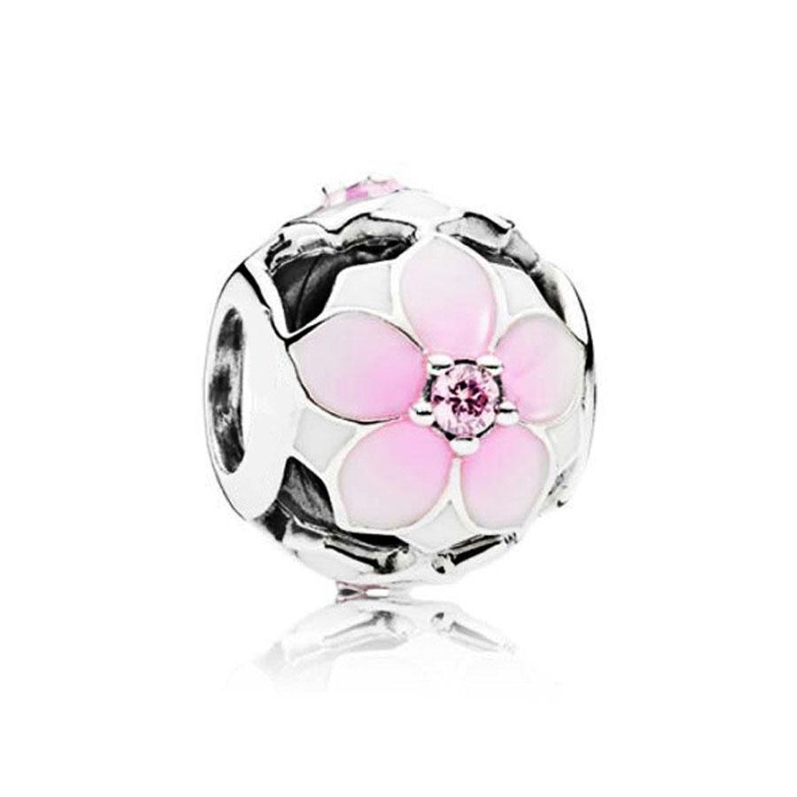 100 %Real 925 Sterling Silver Pink Enamel Flower Ribbon Charms Beads Fit Original Bracelet For Women Jewelry Making