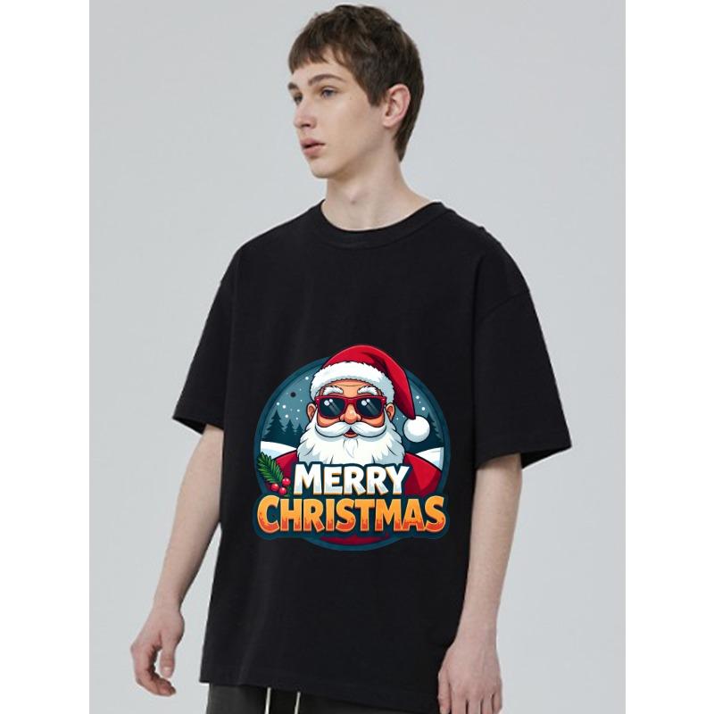 Christmas T Shirt Black Santa Claus with Sunglasses Merry Christmas Print for Holiday Party