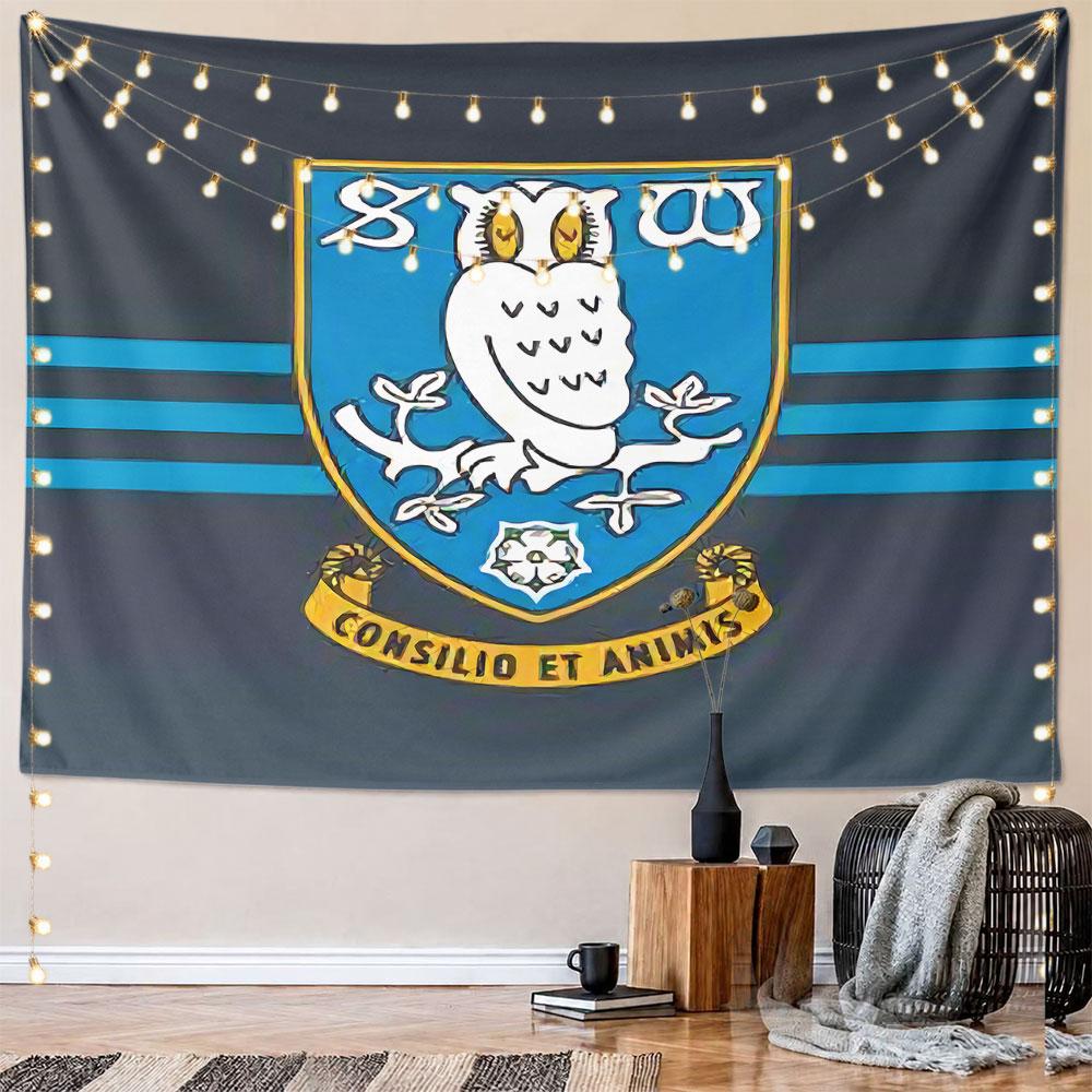 A White Owl On a Blue Shield with Text and Branch Details. Patterned Tapestry for Bedroom and Living Room Home Decor