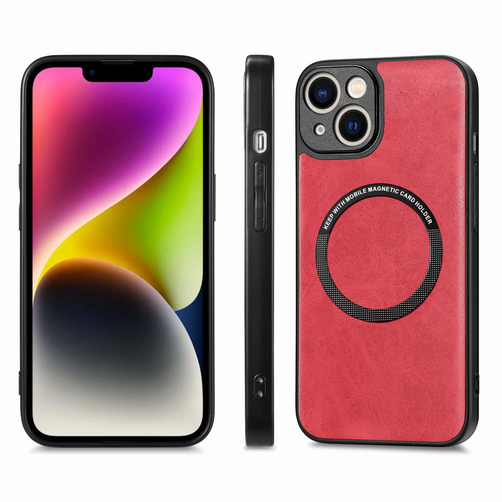 

For iPhone 15 Plus Solid Color Phone Case PU Leather Coated PC+TPU Cover Compatible with MagSafe Red