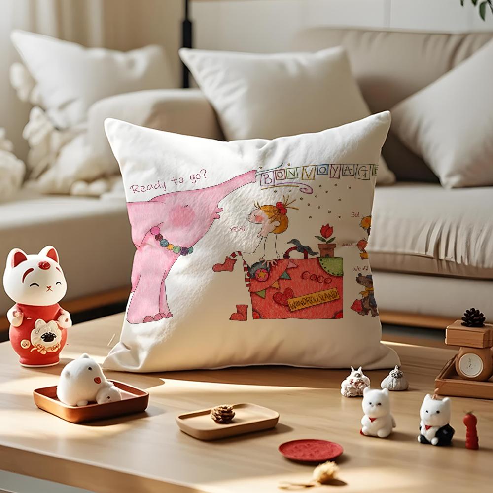 Japanese Cartoon Illustrations Cushion Cover Anti-dustmite Pillowcase Invisible Zipper Silky Short Plush Sofa Cushion Cover