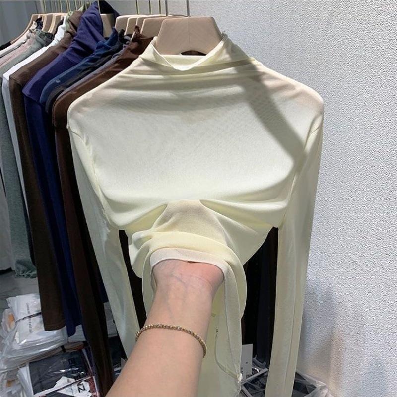 Top da Donna a Collo Alto in Pizzo a Rete con Maniche Lunghe - Bordo a Orecchio di Legno, Strato Base Trasparente per l'Inizio della Primavera
