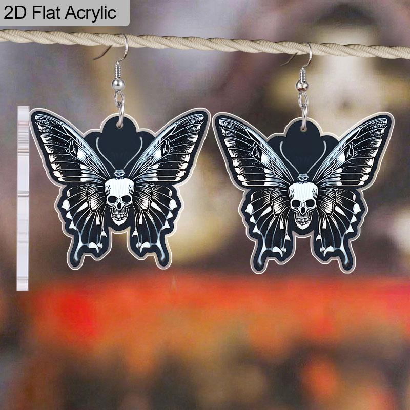 2D Flat Cute Halloween Sugar Skull Butterfly Earrings Dangle Acrylic Day of The Dead Decor Gifts for Women Festival Charms