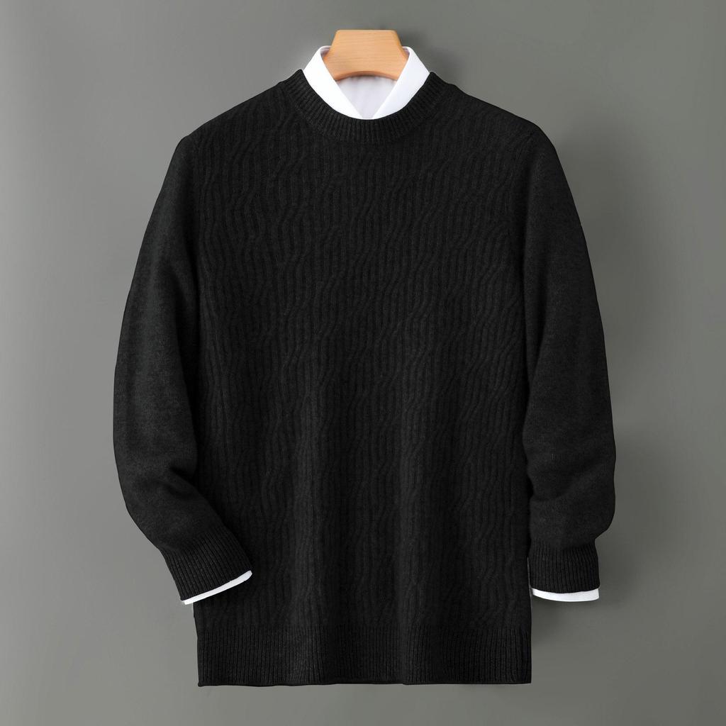 Pánský zimní svetr s kulatým výstřihem ze 100% čisté vlny - Jednobarevný kašmírový svetr, Ležérní obchodní pletený základní vrstva