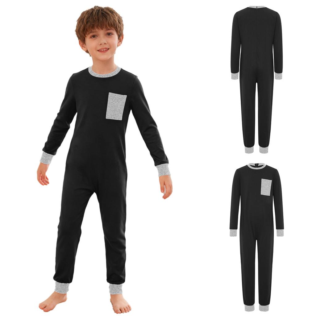 Children’s Special Needs Clothing Long Sleeve Round Neck Jumpsuit Anti-Strip Back Hidden Zipper Contrast Color with Utility Pocket