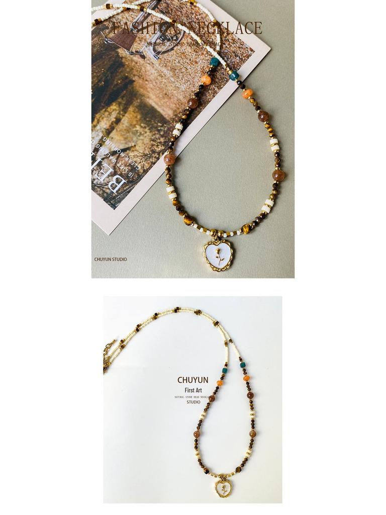 Garden Autumn/Winter Maillard Tiger Eye Beaded Necklace Women's Light Luxury Natural Stone Sweater Chain