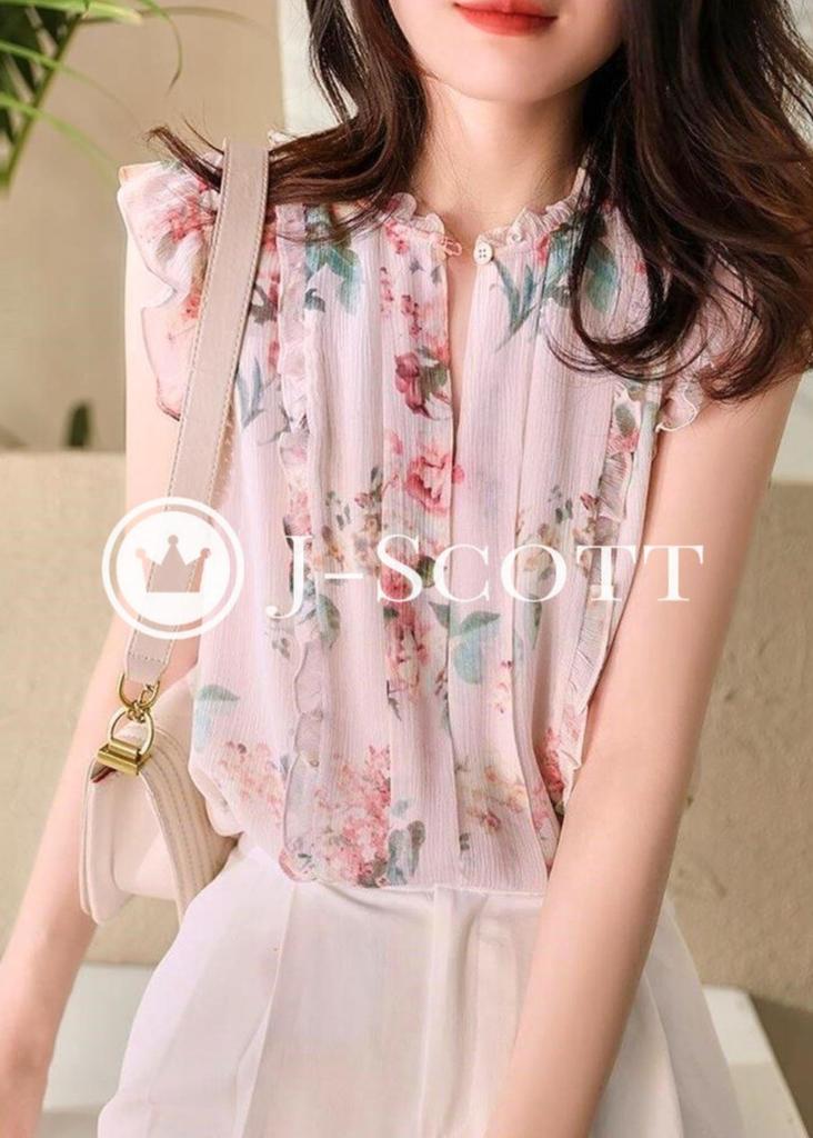 Ruffle Blouse Chiffon Front Button Slit Neck Ruffle Sleeves Sleeveless Cool Summer Adult Casual Ladies Summer Blouse Trend Sleeveless Plain Urban