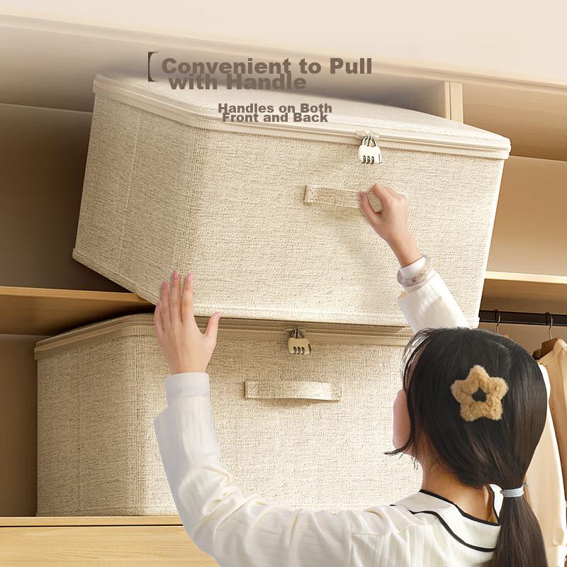Ziranwu Tianshan Cotton Linen Storage Box with Lock for Wardrobe, Clothes, Quilts, And Duvet, Organizer Storage Container, Beige - Extra Large Size