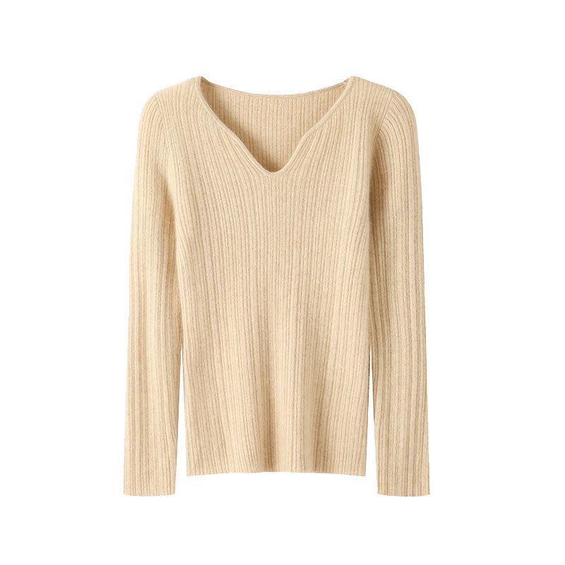2026 Women's V-neck Cashmere Sweater: Autumn/Winter Long Sleeve Knitwear, Slimming Solid Color Base Layer.