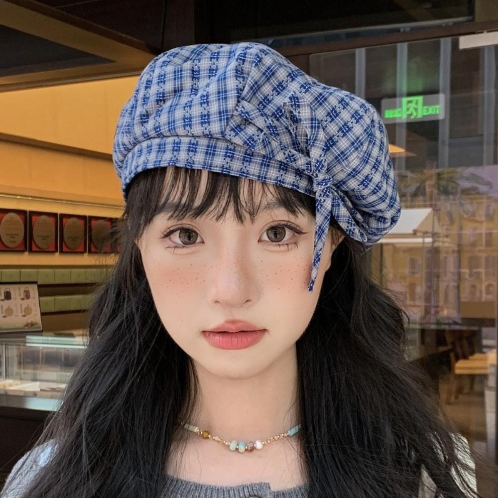 Korean Style Plaid Beret Hat Keep Warm Women Octagonal Cap Simple Women Painter Hat  All-match