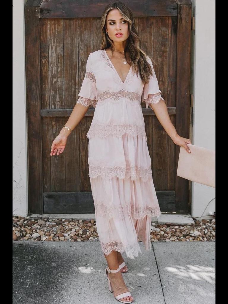 2021 Jaro & Léto Evropsko-americké Šaty s Hlubokým Výstřihem do V z Tylové Krajky