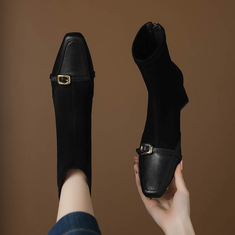 Krazing Pot Flock Cow Skin Square Toe Thick Heels Chelsea Boots Size 42 Beauty Lady Women Metal Buckle Ankle Boots
