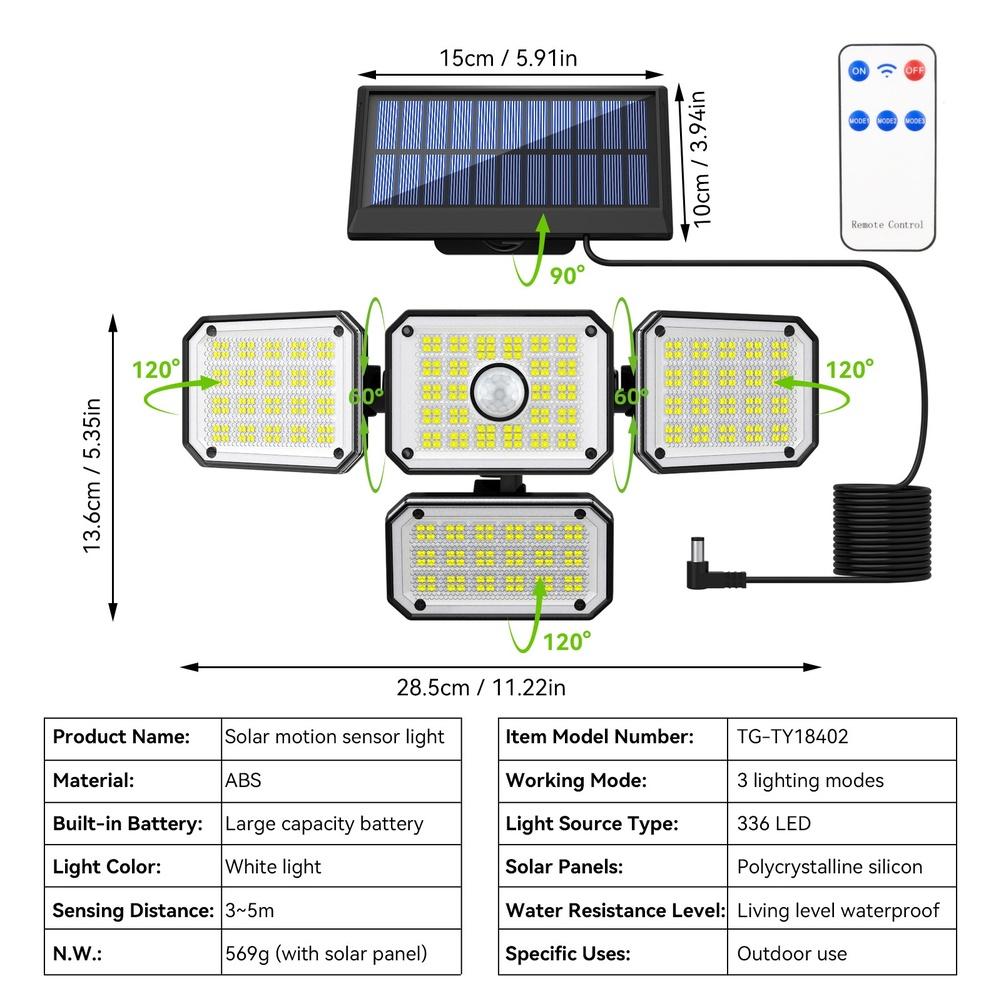 336LED Solar Wall Light Outdoor Motion Sensor Waterproof with Remote Control and 3 Adjustable Modes for Garden and Porch