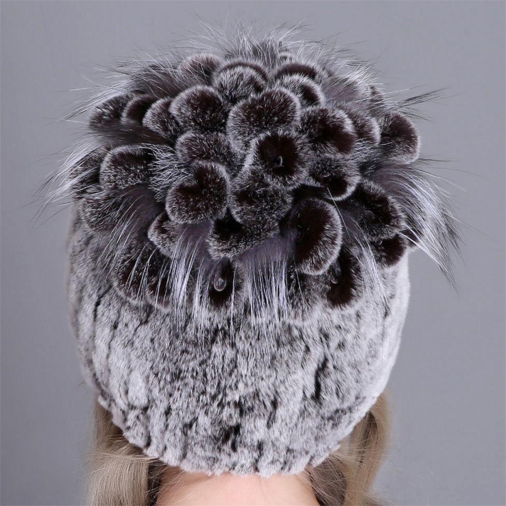 Outdoor Winter Warm Real Fur Beanies Hat Rabbit Fur Cap Knitted Real Rex Rabbit Fur Hats Elastic