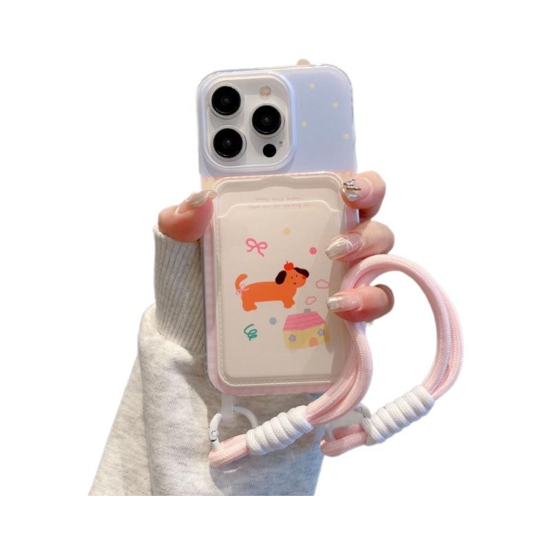 Korean Style Card Bag Suitable for IPhone15pro Cartoon Mobile Phone Case Apple 16 Lanyard 13 Mobile Phone Love Protection Case