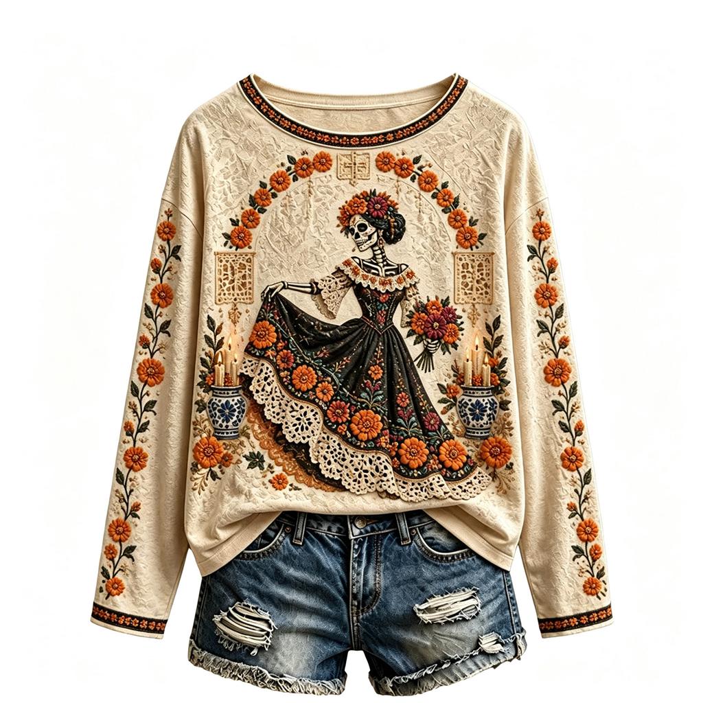 Women's Casual Comfortable Halloween Print Long Sleeve Neck Pullover Sweatshirt Top for Fall
