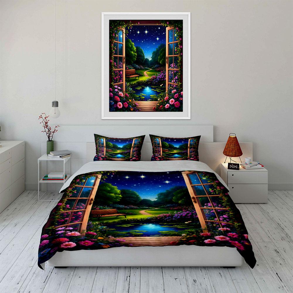 Garden view through window. Print Bedding Set 1 Duvet Cover 2 Pillowcases for Adult and Children Luxury Gift Full Size