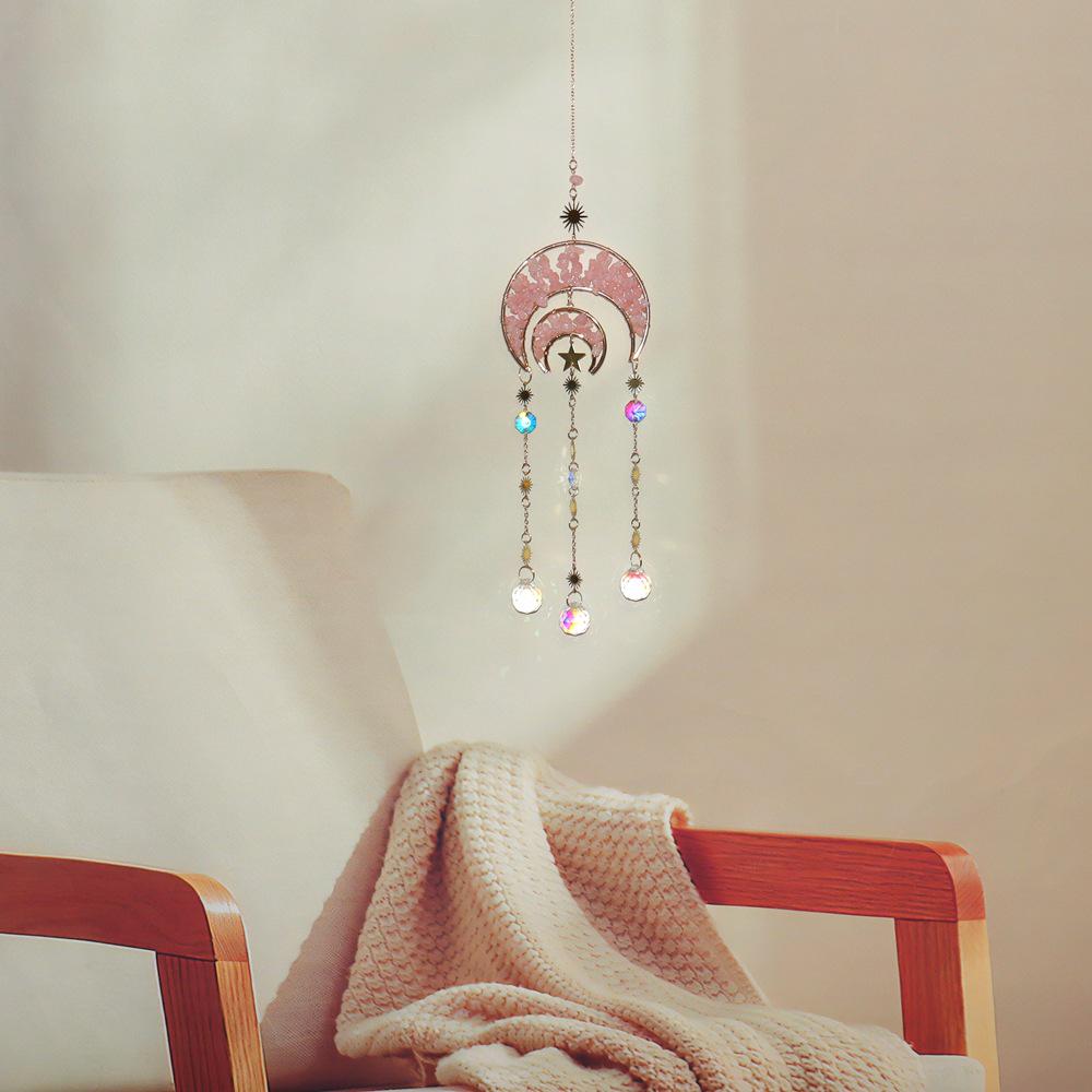 Natural Crystal Moon Pendant Sun Catcher Wind Chime for Home and Garden Decoration