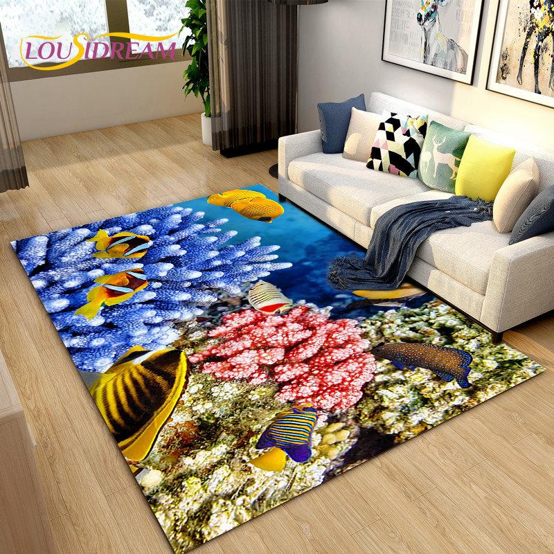 3D Underwater World Sea Turtle Dolphin Area Rug Large,Carpet Rug for Living Room Bedroom Sofa Doormat Kitchen,Non-slip Floor Mat