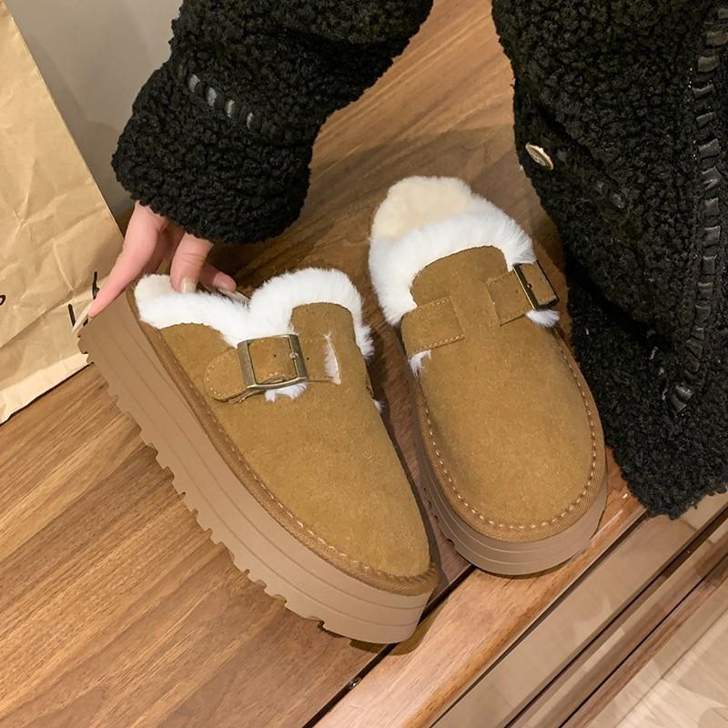 Thick-soled Bag Head Half Slippers Women's Outer Wear Daily Winter Fashion Plush Lazy Shoes Fluffy Cotton Slippers One Pedal