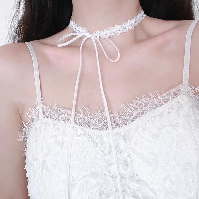 Neue Mode Unifarbene Spitze Blume Band Choker Halsband Schwarz Weiß Halskette Vintage Y2K Choker Kette Halsketten Party Schmuck