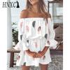 HNXC Women Floral Print Mini Dress Summer Sexy Off Shoulder Flare Sleeve Tunic Dress Female Casual Boho Beach Dress