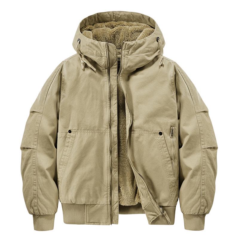 Herren Arbeitsjacke mit Kapuze aus reiner Baumwolle, Herbst/Winter, mit Samtfutter, Verdickt, Lockerer Schnitt, Übergröße, Stil 6836.