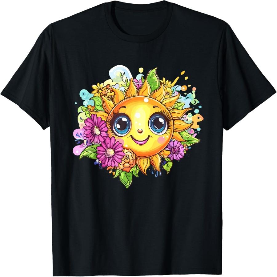Smiling Sun Surrounded By Colorful Flowers T-Shirt S
