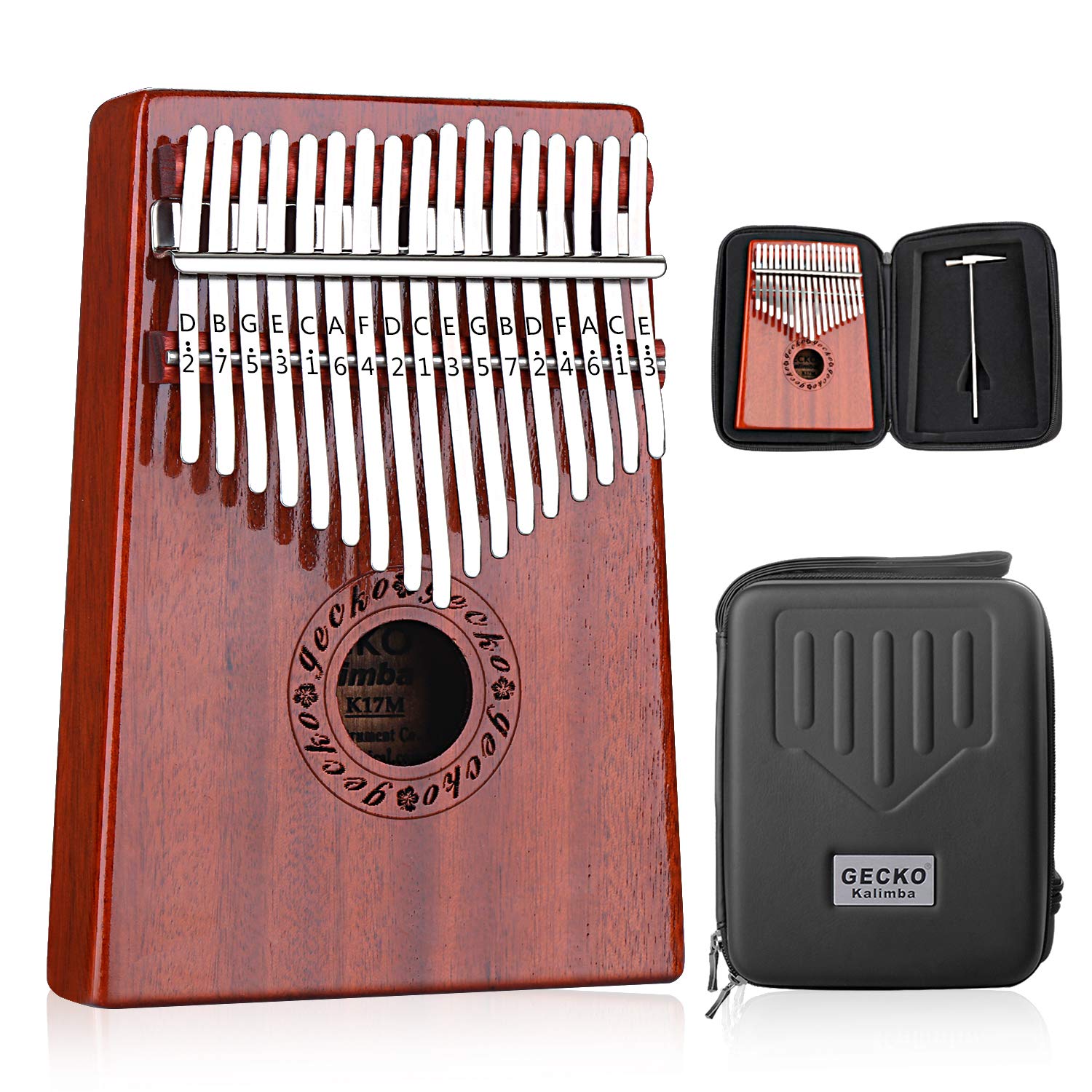 

GECKO Kalimba 17-key thumb piano with EVA protective case, hammer, and study guide.
