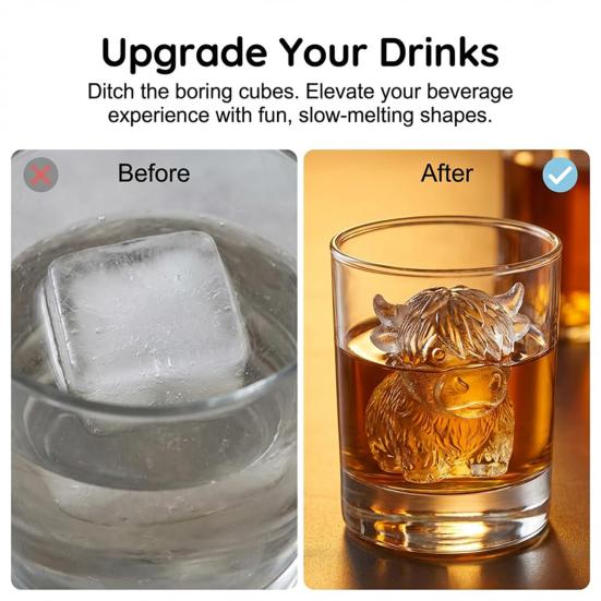 Mini Forma de Gelo de Vaca das Terras Altas Bandeja de Gelo de Silicone Flexível de Grau Alimentício Fácil de Desenformar Reutilizável Fabricante de Cubos de Gelo em Forma de Vaca 3D para Whiskey Cocktails