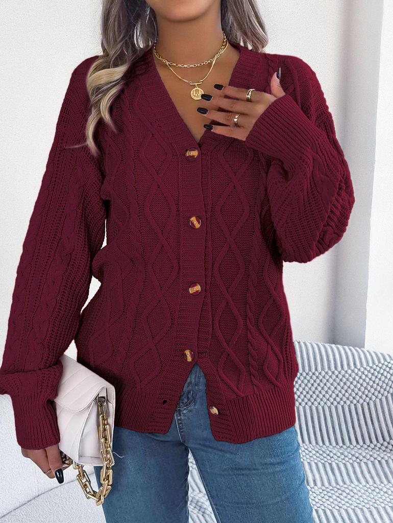 2025 Autumn/Winter V-neck Lantern Sleeve Cable Knit Button Cardigan Sweater for Women