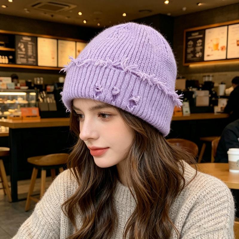 Cross-border new autumn and winter street trend solid color hole knitted hat old retro hole cold hat