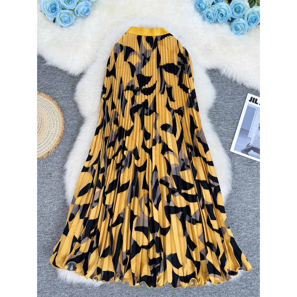 European & American Printed Pleated A-line Midi Skirt for Women - High-waisted, Versatile & Slimming