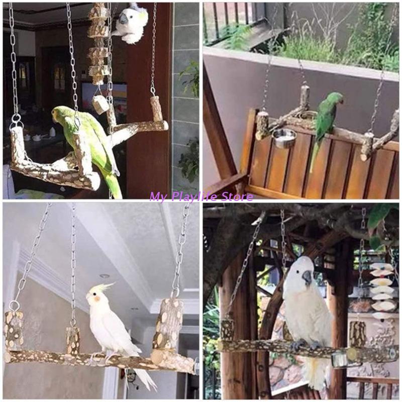 Bird Toys Wooden Perch Toy for Large Birds Natural Wood Parrot Swing Chew Toy Easy To Install for African Greys Mini Macaws