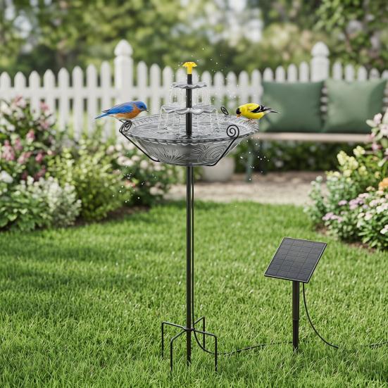 Solar Fountain Bird Bath for Outside Cascading Bird Bath Fountain Solar Powered Fountain Bird Bath with Metal Stake Attracts Birds for Garden Patio