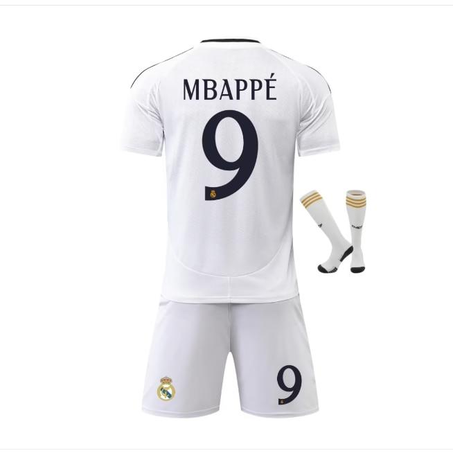 Real Madrid Mbappe No.9 Home Jersey Set 2024/25 Season White Polyester Fans Edition Adults Kids Breathable Quick-Dry