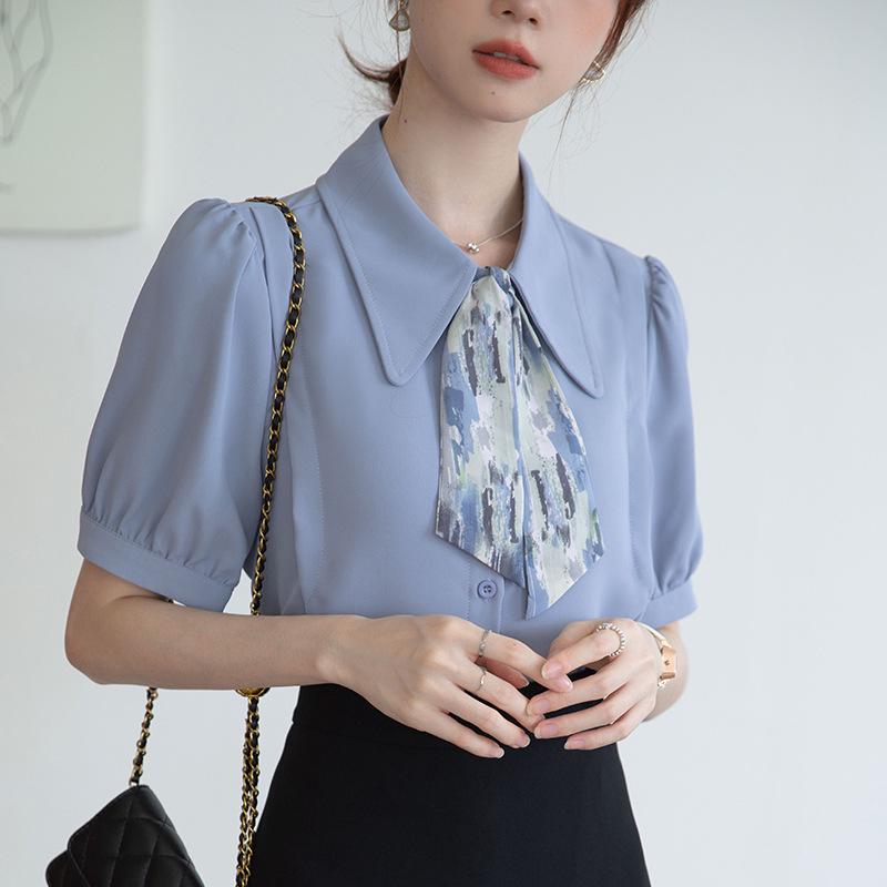 2025 Chic Women's Short Sleeve Chiffon Blouse with Tie – Stylish, Niche Summer Fashion