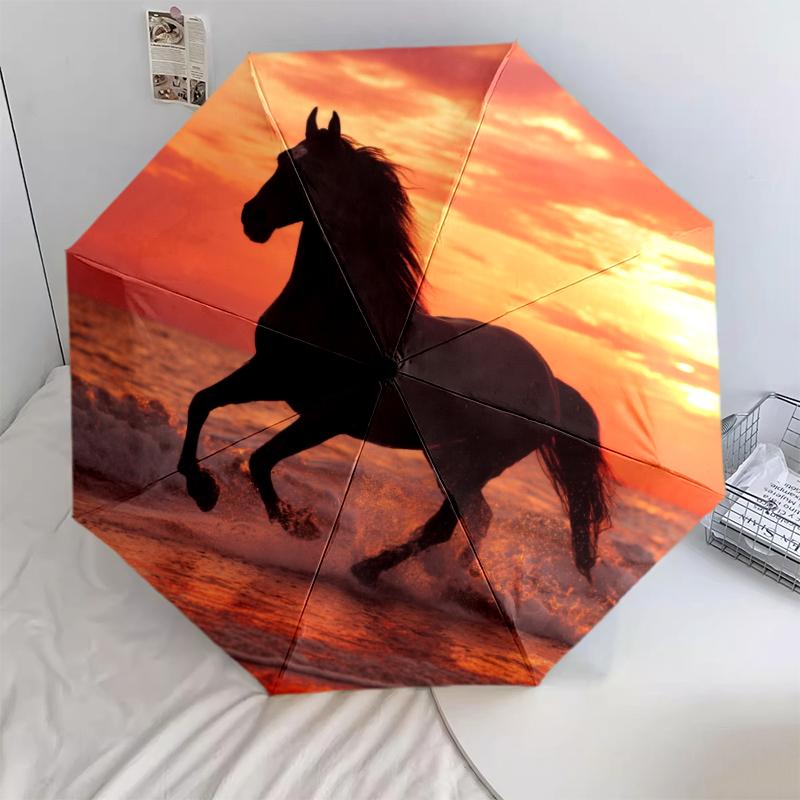 Animals and Sunset Pattern, Automatic Folding Umbrella, Portable and Foldable Design, 8 Ribs, a Christmas or Birthday Gift.