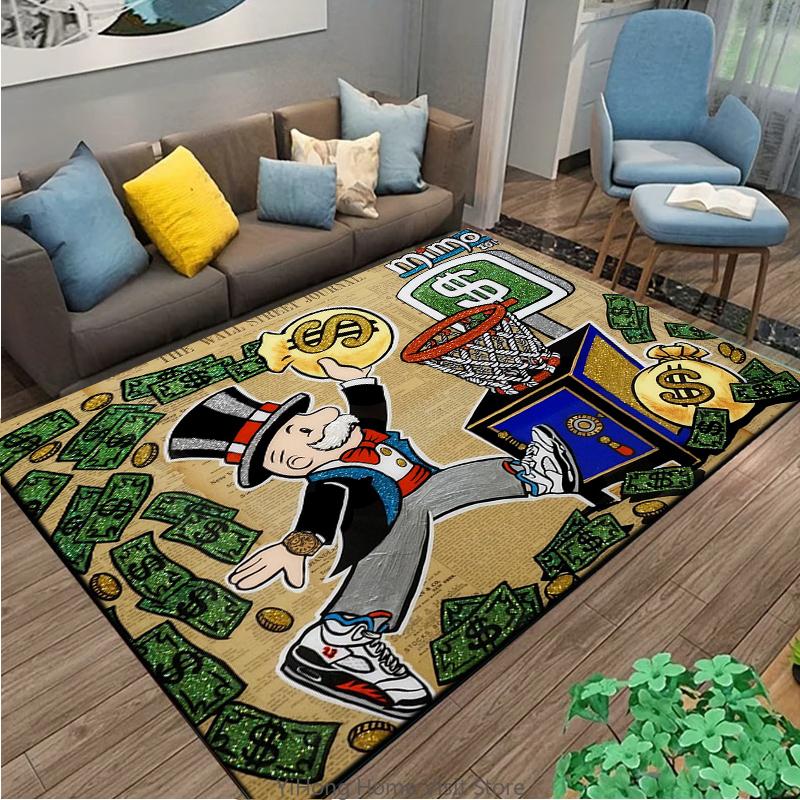 Playful Rich Man Game Monopoly Dollar Cartoon Carpet Rug for Bedroom and Living Room Non-slip Floor Mat Decorative Sofa Doormat