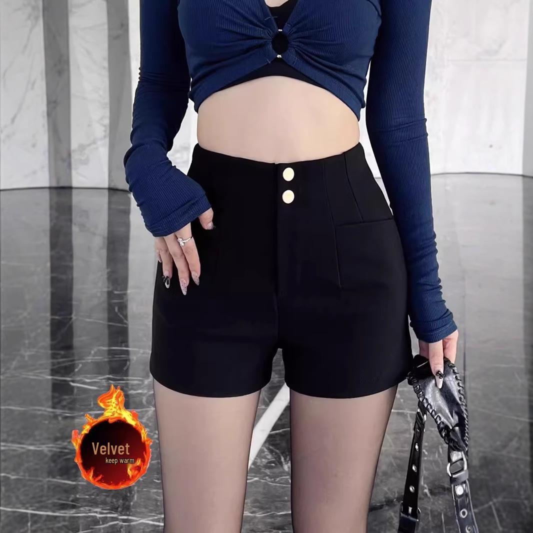 

2024 Autumn/Winter Women s High Waist Black Stretch Velvet A-Line Wide Leg Shorts 4XL [recommended 80-85 kg]