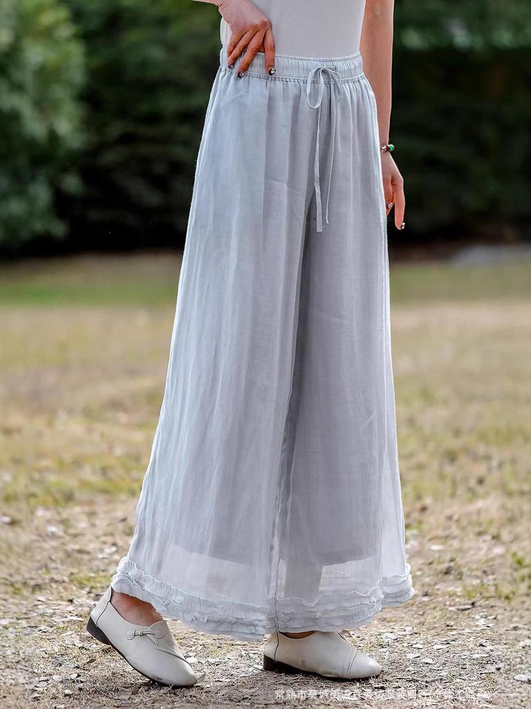 2026 Artistic Solid Color Ramie Wide-Leg Ruffle Pants - Elastic Waist, Double-Layer, Women’s Summer Casual Long Pants