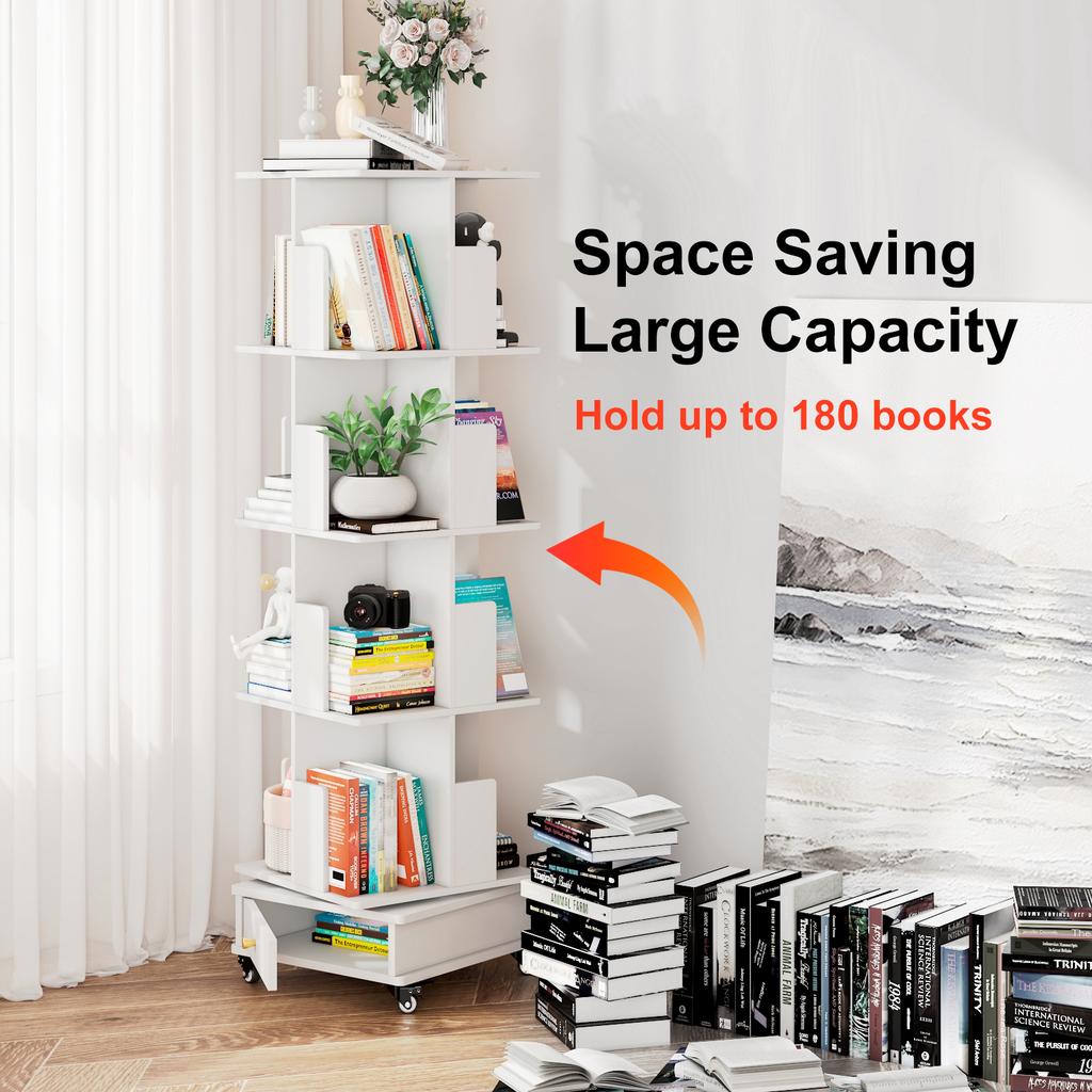Wooden Four-layer Rotatable Mobile Bookshelf With One Drawer Book Storage Rack With Locking Wheels For Living Room/Bedroom/Study